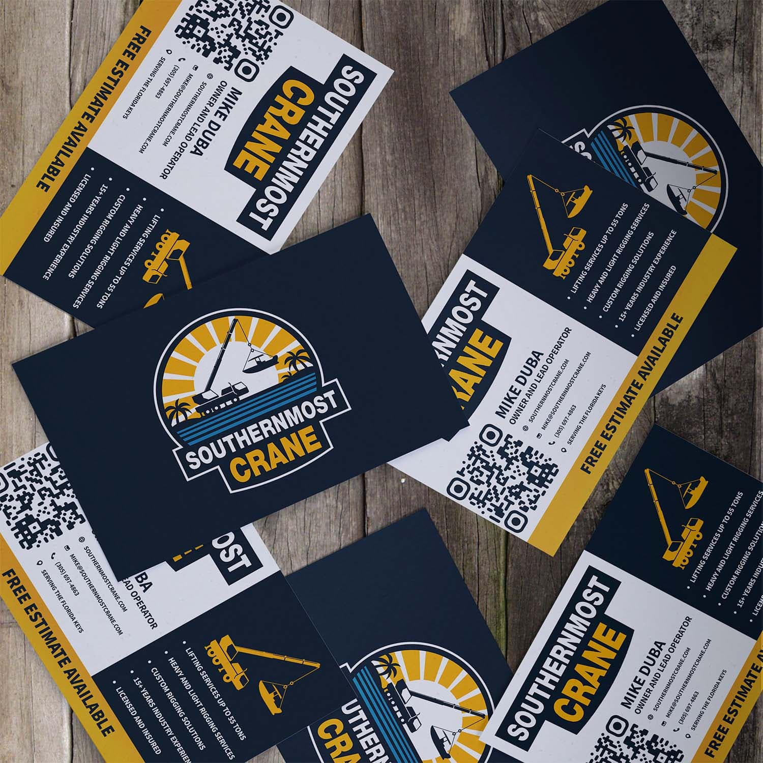 Southernmost Crane business-card artwork with its navy and gold logo and contact information