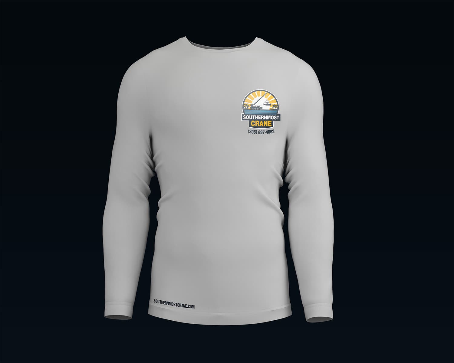 Southernmost Crane artwork shown on a shirt mockup with the crane logo, phone number, and website address