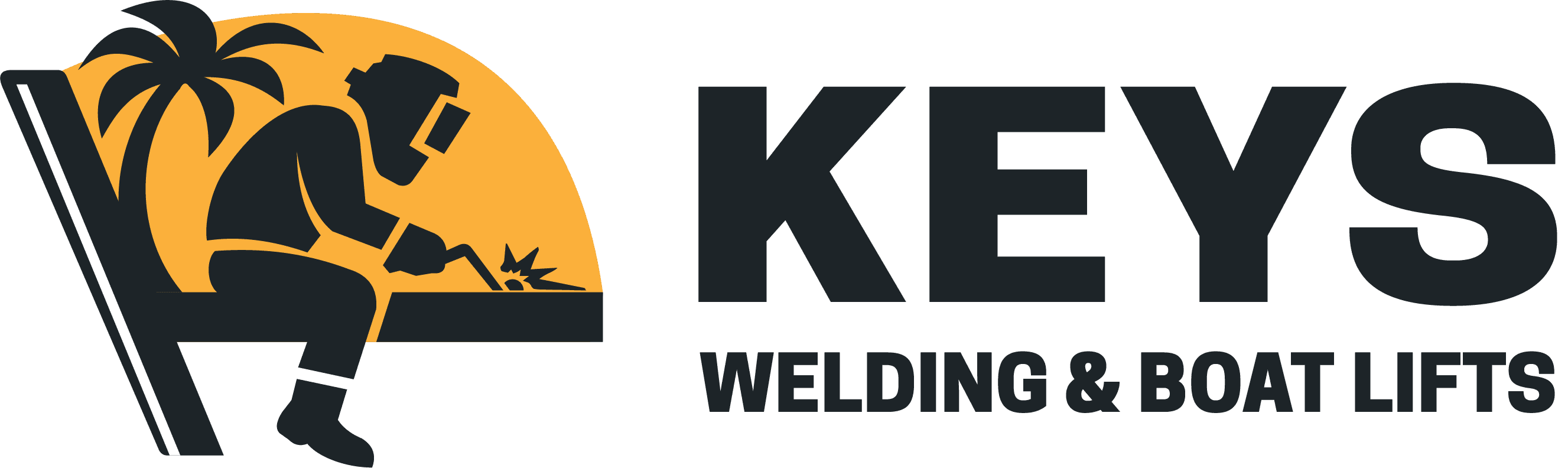 Full-color Keys Welding & Boat Lifts logo with a charcoal welder, palm tree, amber backdrop, and the business wordmark