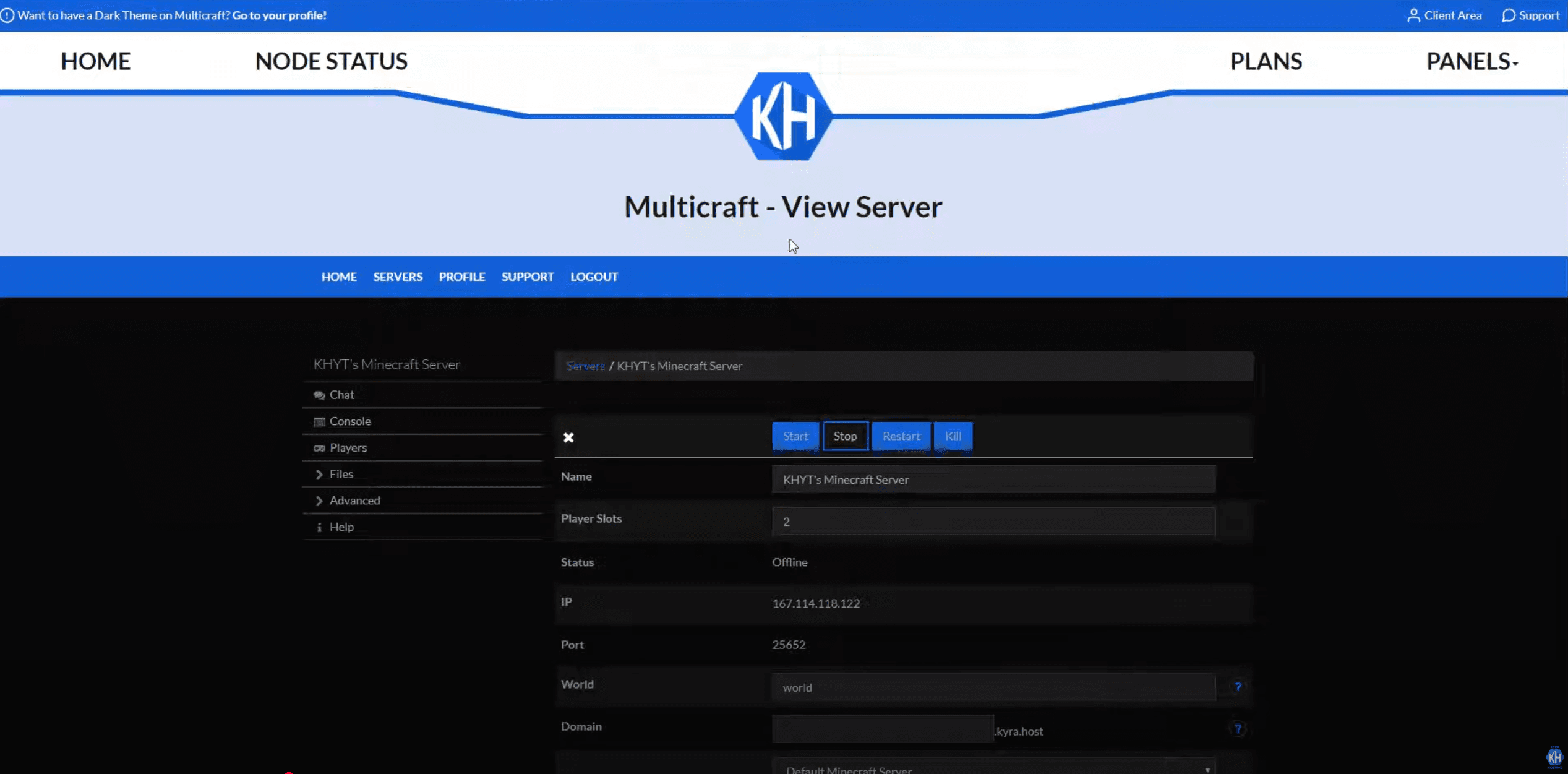 KyraHosting Multicraft server management interface