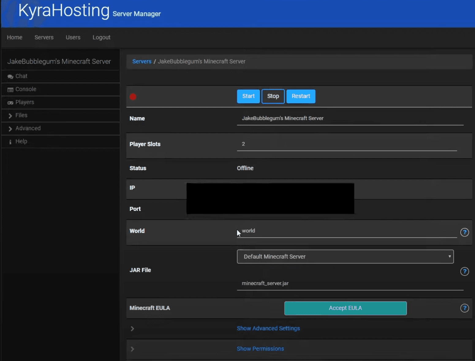 KyraHosting server manager with console, configuration, and service controls