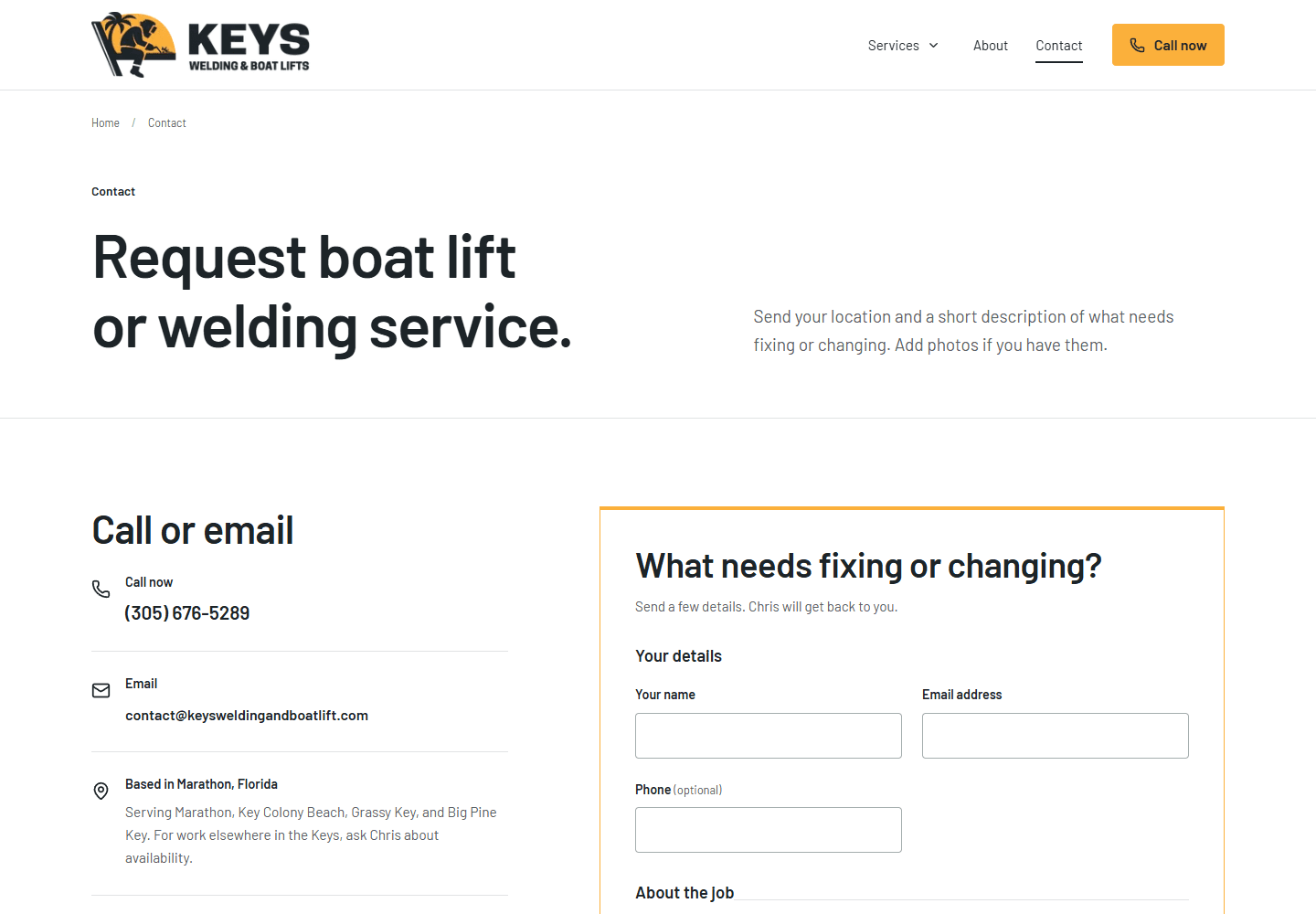 Keys Welding & Boat Lifts contact page with direct contact choices and a form for customer and job details