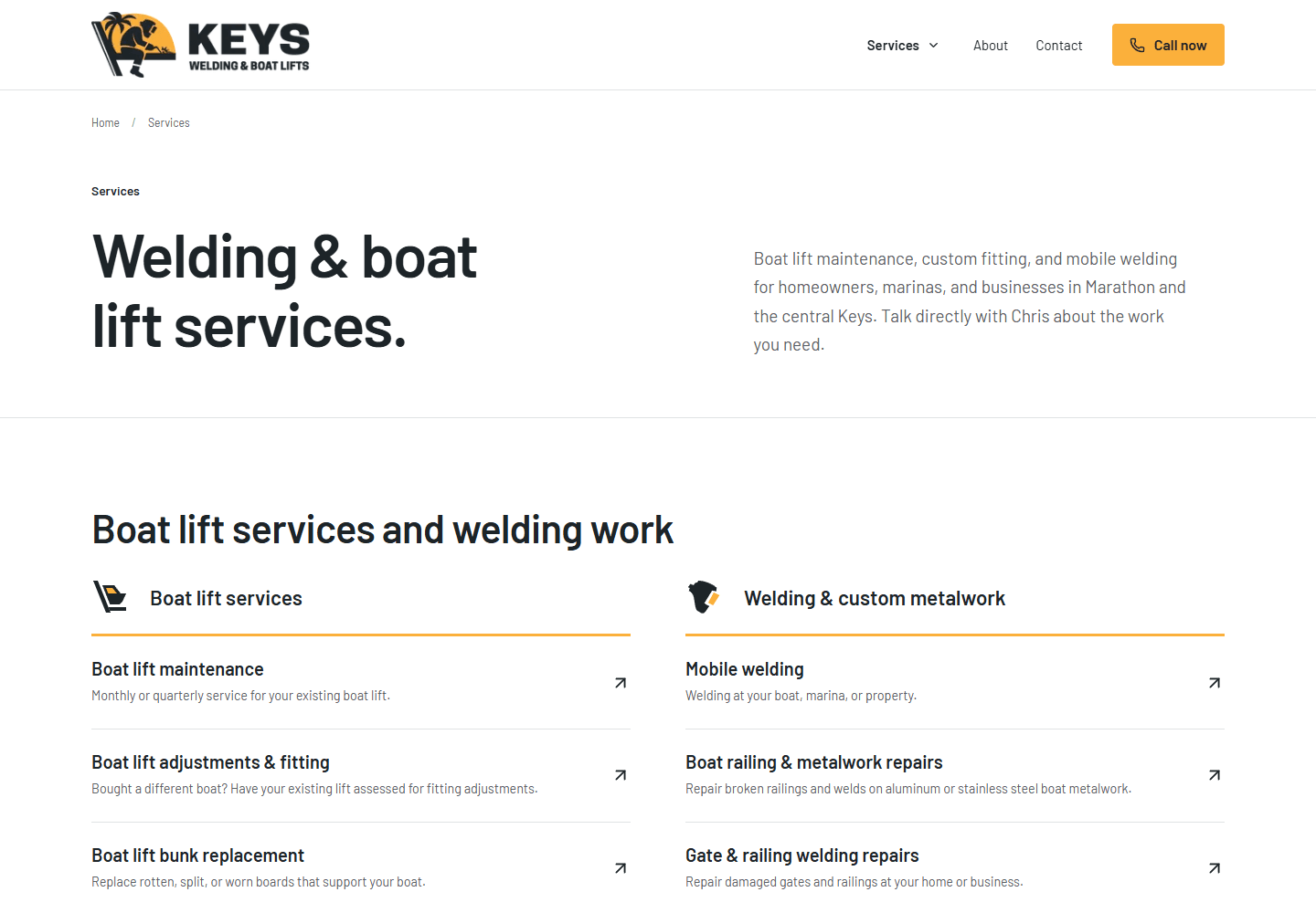Keys Welding & Boat Lifts services page separating boat lift services from welding and custom metalwork